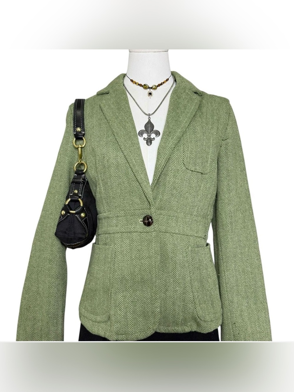 Y2K 2000s Bitten by Sarah Jessica Parker green herringbone single-button blazer